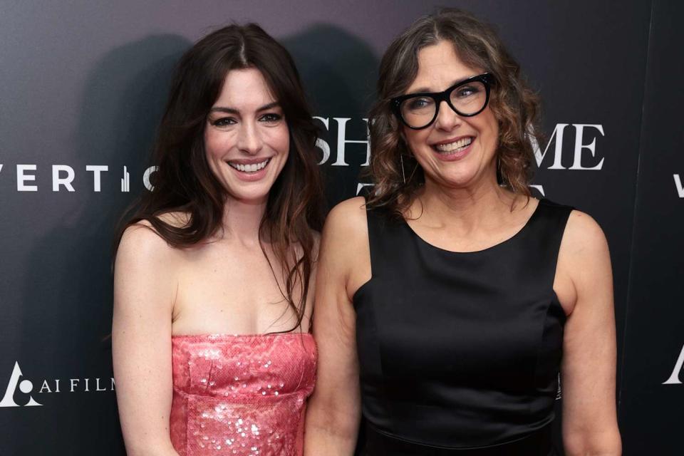 <p>Dimitrios Kambouris/Getty </p> Anne Hathaway and Rebecca Miller on Oct. 3, 2023, in New York City