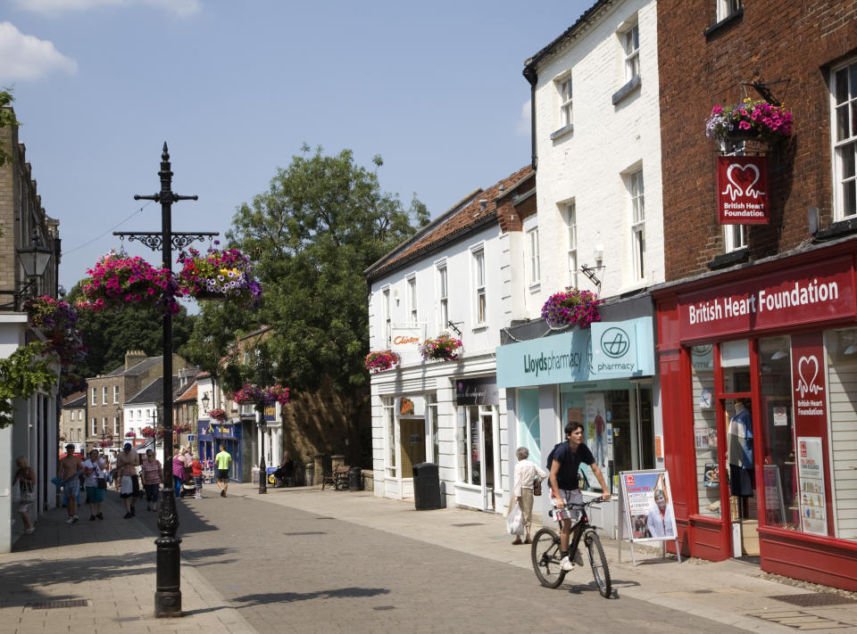 Main pedestrianized shopping street in the town of Thetford, Norfolk, England. (Photo by: Geography Photos/Universal Images Group via Getty Images)