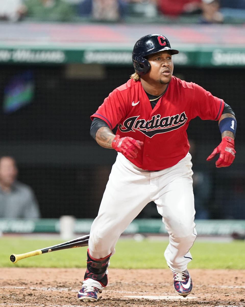 Cleveland Indians' Jose Ramirez watches his ball after hitting a one-run double in the sixth inning of a baseball game against the Baltimore Orioles, Monday, June 14, 2021, in Cleveland. (AP Photo/Tony Dejak)