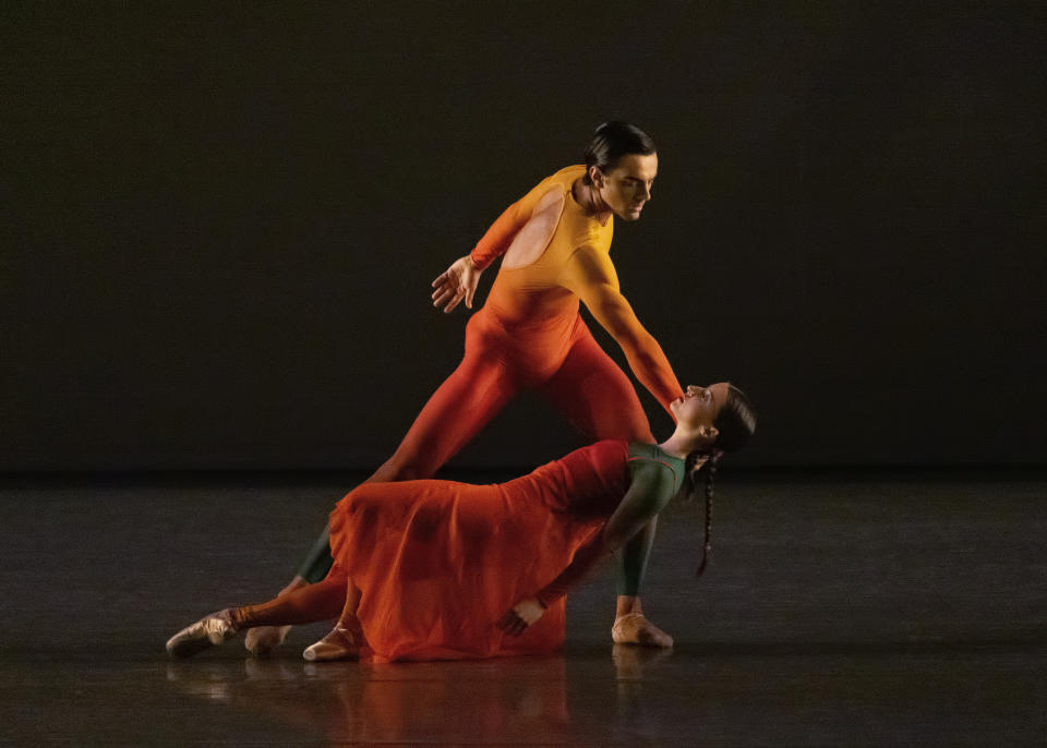 Indiana Woodward and Davide Riccardo in “Sky to Hold” (world premiere). Choreography by Andrea Miller; music by Lido Pimienta, (commissioned by New York City Ballet); costumes by Esteban Cortázar; costumes supervised by Marc Happel; lighting by Nicole Pierce. New York City Ballet, Fashion Gala, Sept. 30, 2021, David H. Koch Theater, Lincoln Center. Credit Photo: Erin Baiano