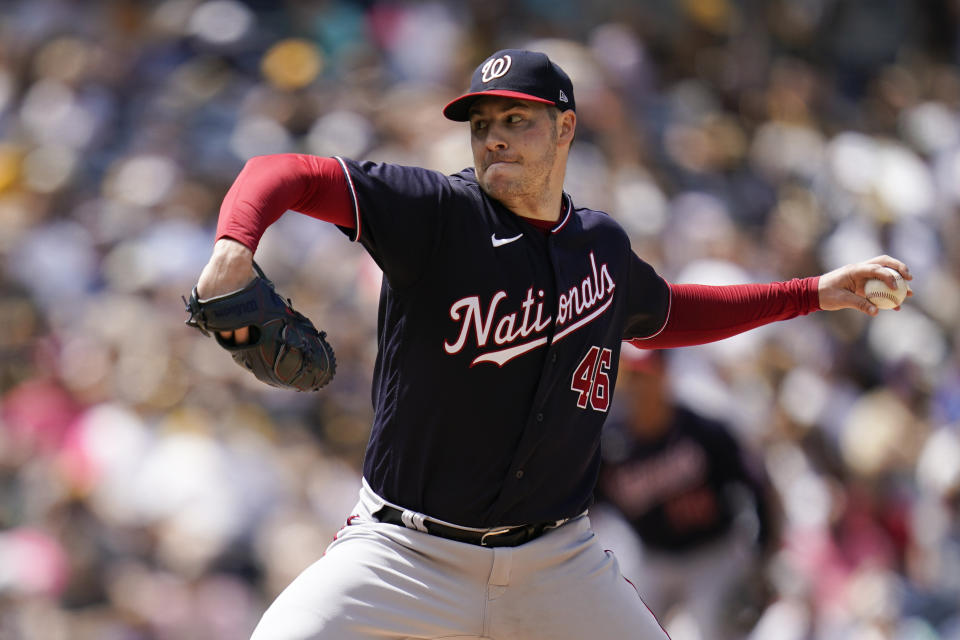 Washington Nationals starting pitcher Patrick Corbin works against a San Diego Padres batter during the fourth inning of a baseball game Sunday, Aug. 21, 2022, in San Diego. (AP Photo/Gregory Bull)