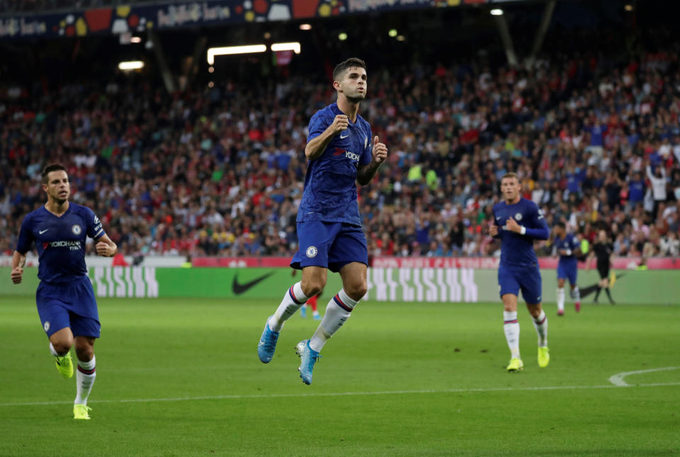 Soccer Football - Pre Season Friendly - Red Bull Salzburg v Chelsea - Red Bull Arena, Salzburg, Austria - July 31, 2019   Chelsea's Christian Pulisic celebrates scoring their first goal    REUTERS/Leonhard Foeger