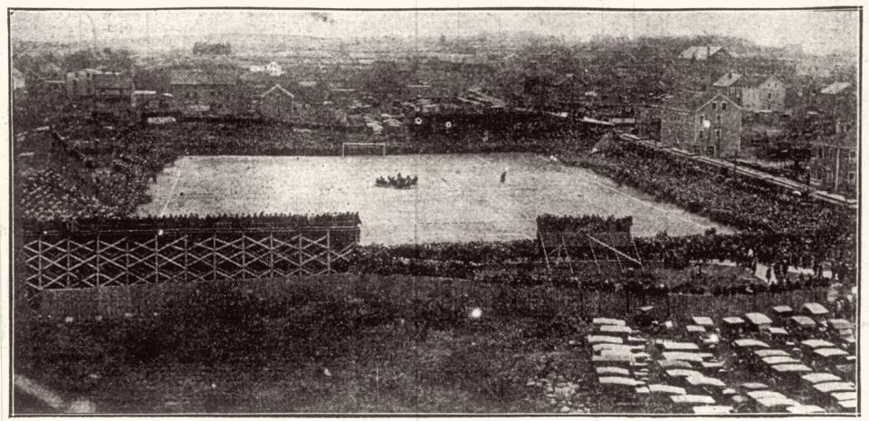 A capacity crowd of 15,000 people attend a game at Mark's Stadium in Tiverton, the home of the Fall River Marksmen, in 1923.