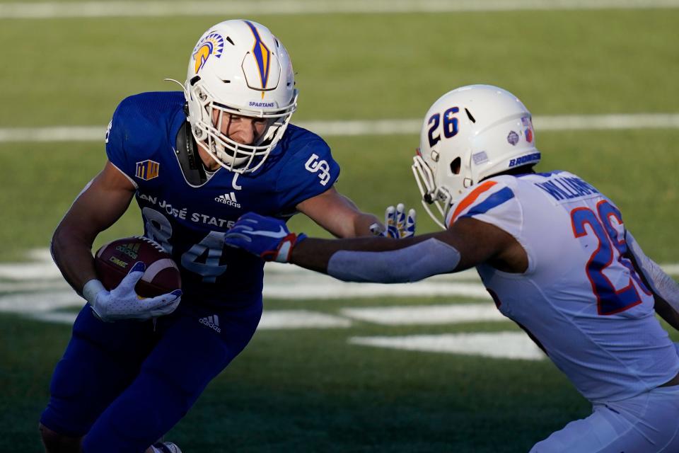San Jose State wide receiver Bailey Gaither runs against Boise State cornerback Avery Williams during the first half of the Mountain West Championship game, Saturday, Dec. 19, 2020, in Las Vegas.