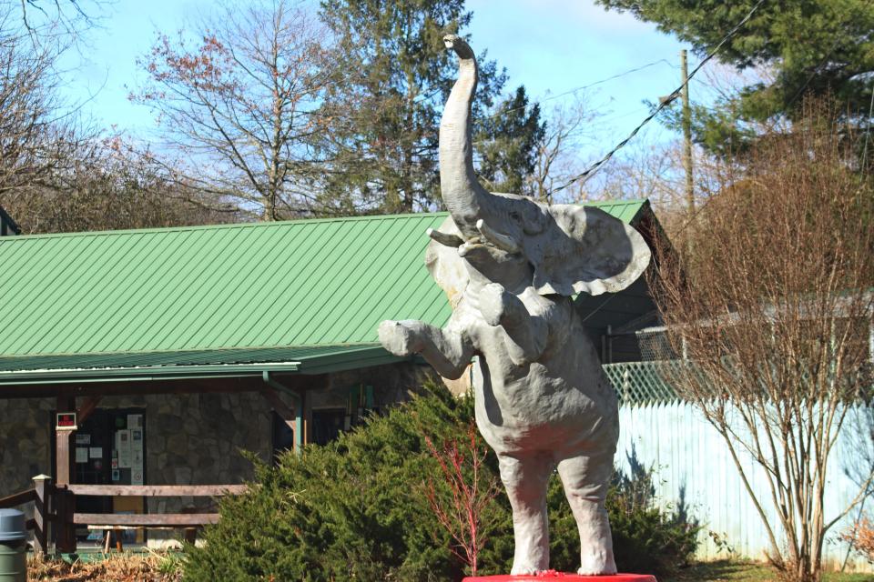 The elephant statue outside of the Natural Bridge Zoo.