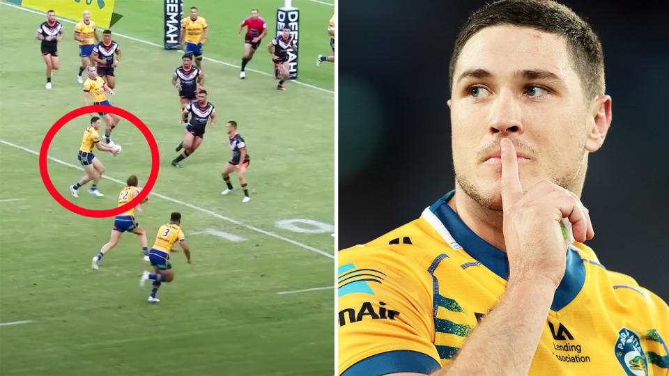 Mitchell Moses, pictured here with one of his four try assists as Parramatta beat the Wests Tigers.