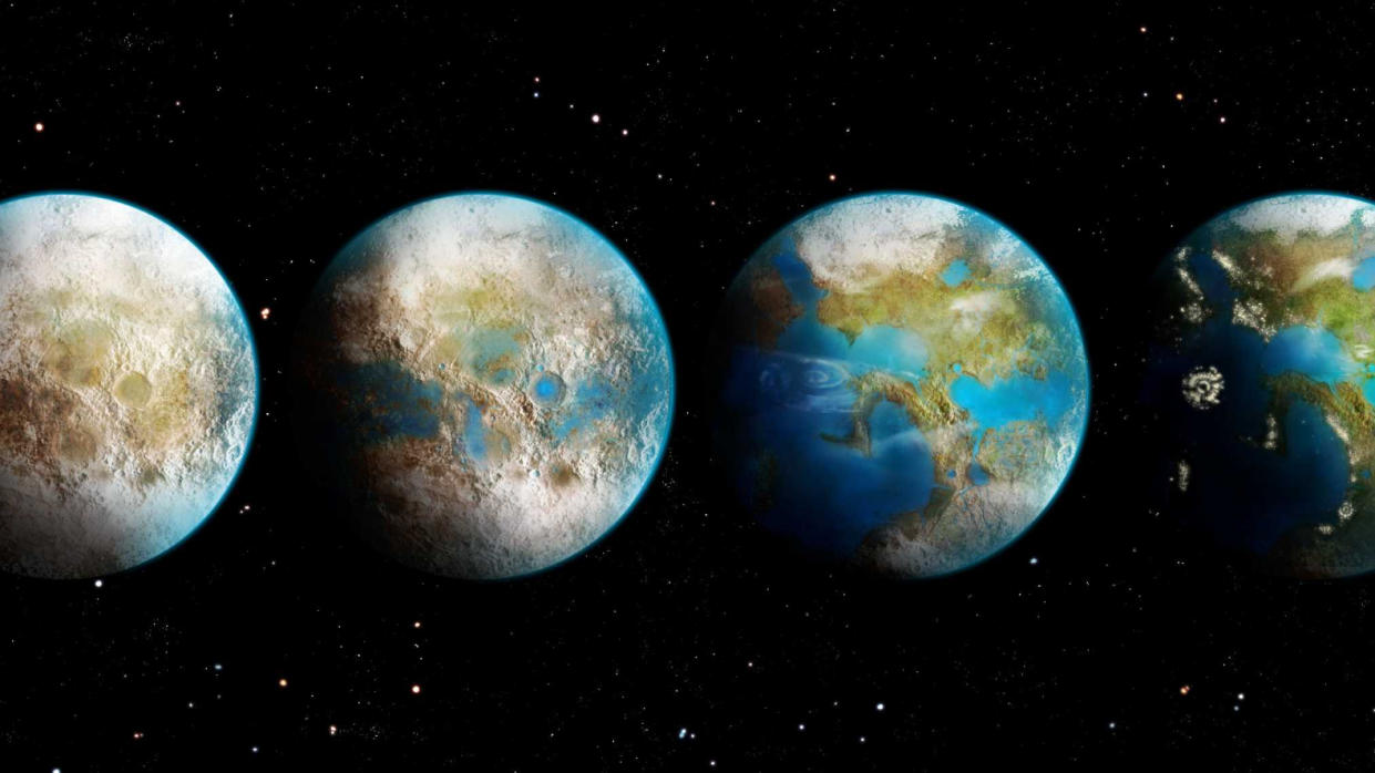  Four side by side images of an earth-like planet in outer space. 