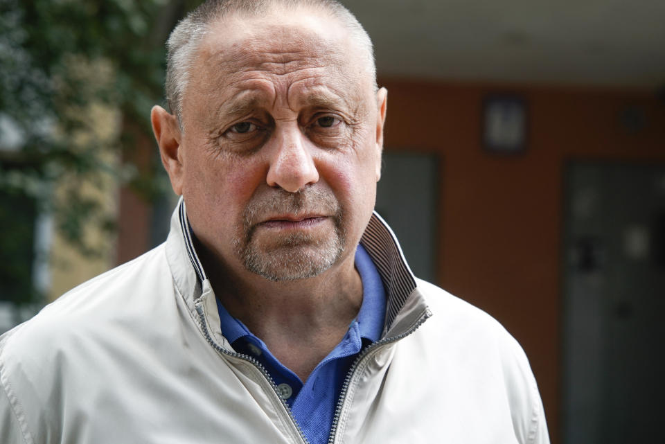 Lev Gorelik, father of Stas Gorelik, speaks during an interview with The Associated Press in Minsk, Belarus, Aug. 13, 2020. Stas Gorelik, who is working on a doctorate at George Washington University, was visiting his parents in Minsk when he was arrested by the Belarusian KGB and charged with organizing mass riots. "Stas' face was broken and blood was dripping down his face when they took him away," said Lev Gorelik. (AP Photo/Mstyslav Chernov)