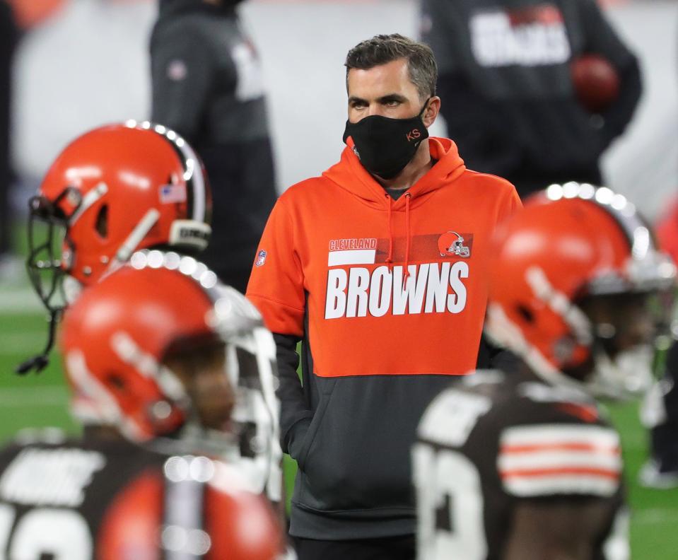 Browns head coach Kevin Stefanski on the field before a game, Thursday, Sept. 17, 2020, in Cleveland.