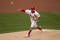 St. Louis Cardinals starting pitcher Adam Wainwright throws during the first inning of a baseball game against the Milwaukee Brewers Thursday, April 8, 2021, in St. Louis. (AP Photo/Jeff Roberson)