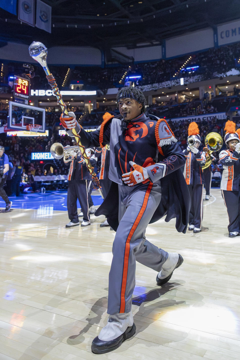 Feb 2, 2024; Oklahoma City, Oklahoma, USA; The Langston University Marching Pride Band performs during halftime of a game between the Charlotte Hornets and Oklahoma City Thunder as part of HBCU Night at Paycom Center. Mandatory Credit: Alonzo Adams-USA TODAY Sports