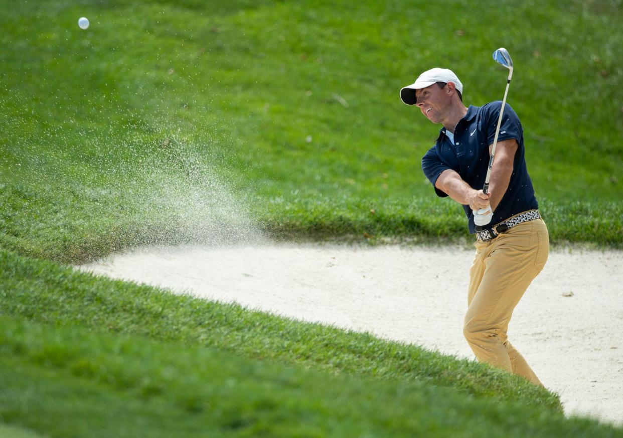 Rory McIlroy hits out of a bunker on 4 during the second round of the Memorial Tournament at Muirfield Village Golf Club in Dublin, Ohio on Friday, July 17, 2020.