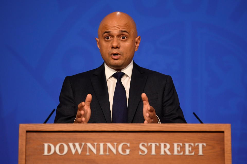 Health Secretary Sajid Javid during a media briefing in Downing Street, London, on coronavirus (Covid-19). Picture date: Tuesday October 19, 2021.