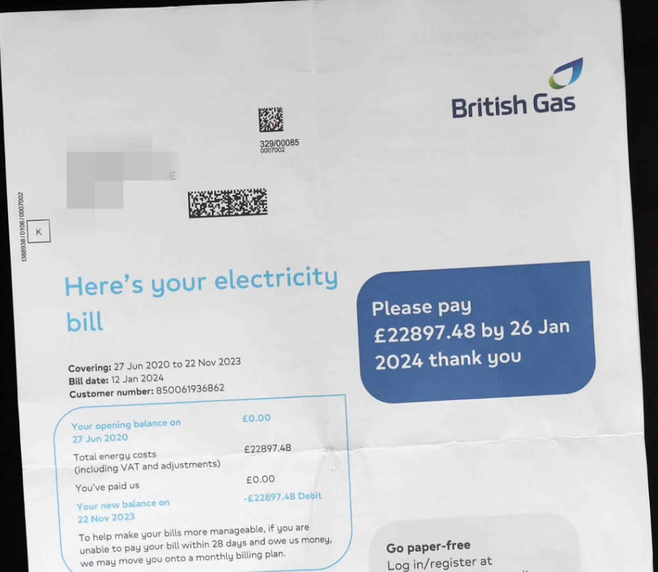 The electricity bill was dated from 27 June 2020 to 22 November 2023 and had to be paid less than a week after being received. (Reach)