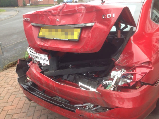 The back of the Mercedes was smashed (Picture: SWNS)