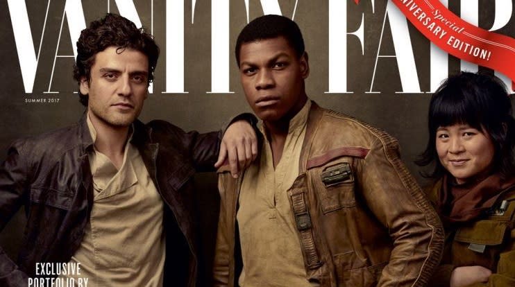 Kelly Marie Tran, right, with Oscar Isaac and John Boyega (Credit: Vanity Fair/Conde Nast)