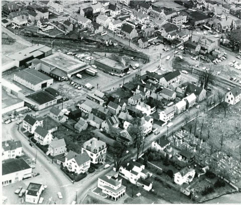 Historic aerial view of the former "Little Italy" neighborhood in the North End of Portsmouth.