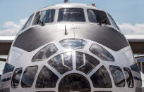 <p>A photo taken on July 18, 2017 shows the front of the Russian Antonov 30 B military plane exhibited at the annual air show MAKS 2017 in Zhukovsky, some 40 km outside Moscow, Russia. (Photo: Mladen Antonov/AFP/Getty Images) </p>