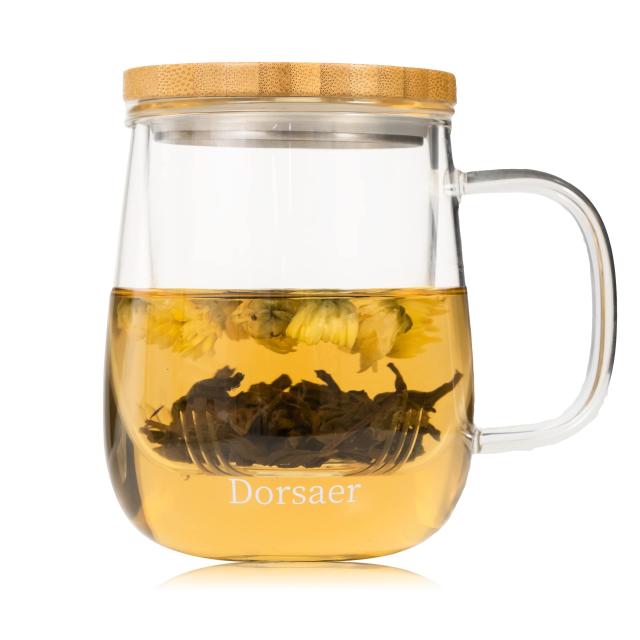 Glass Teacup w/ infuser & Bamboo lid (15oz.) - Honey and the Hive