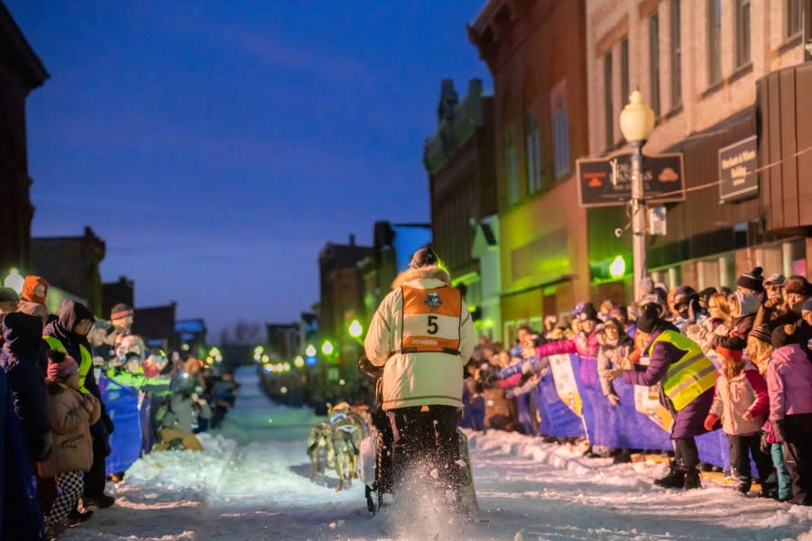 The start of the Copper Dog 150 sled dog race in downtown Calumet, Michigan.