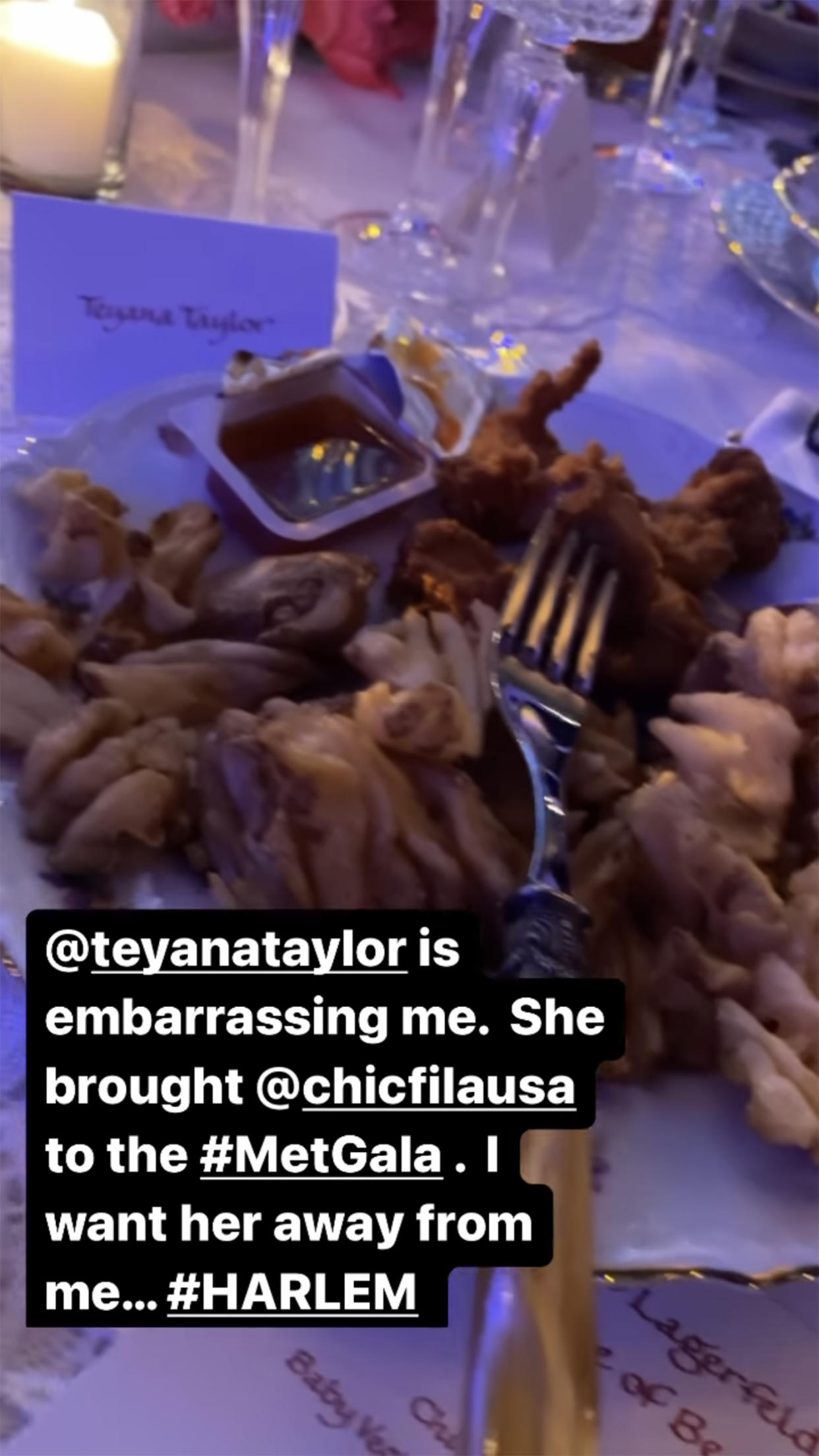 Teyana Taylor snuck in Chick-fil-A to the Met Gala, much to Usher and Pusha T’s amusement (@kingpush via Instagram )