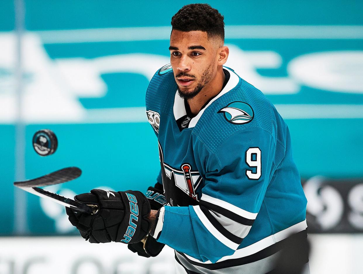 San Jose Sharks left wing Evander Kane (9) warms up before the San Jose Sharks game versus the Vegas Golden Knights on May 12, 2021, at SAP Center at San Jose in San Jose, CA.