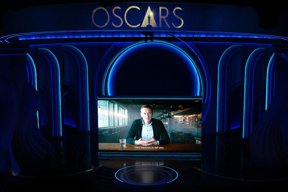 A clip of late Russian opposition leader Alexey Navalny is played onstage during the 96th Annual Academy Awards at the Dolby Theatre in Hollywood, California on March 10, 2024. 