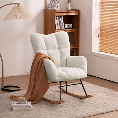 KINFFICT Teddy Velvet Rocking Accent Chair, Uplostered Glider Rocker Armchair for Baby Nursery, Comfy Side Chair for Living Room, Bedroom (Ivory+Teddy Fabric)