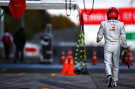NUERBURG, GERMANY - OCTOBER 10: Kimi Raikkonen of Finland and Alfa Romeo Racing walks in the Pitlane during qualifying ahead of the F1 Eifel Grand Prix at Nuerburgring on October 10, 2020 in Nuerburg, Germany. (Photo by Mark Thompson/Getty Images)
