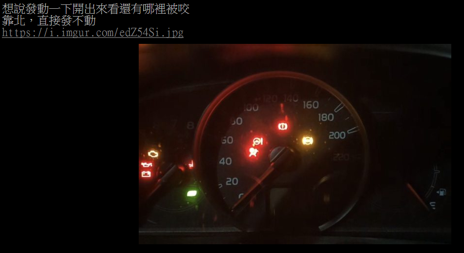 網友嘗試發動卻發現愛車故障燈全亮。(圖片來源 / PTT)