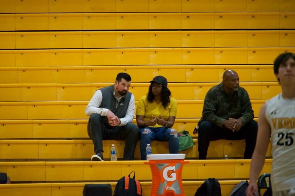 Ohio State football coach Ryan Day was at Bishop Verot Tuesday night to watch Vikings basketball players and Buckeyes signee Leroy Roker play a game.