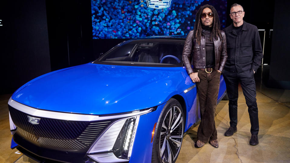 Musician Lenny Kravitz and Cadillac designer Michael Simcoe at the debut of the all-electric Cadillac Celestiq. 