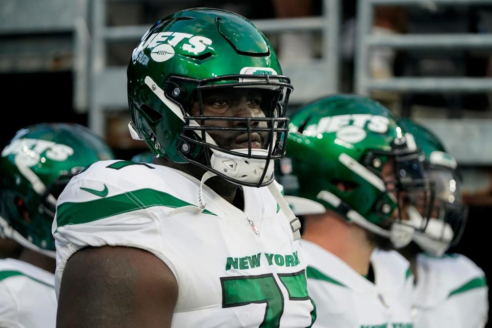 Jets tackle Mekhi Becton has only appeared in one game the past two years due to injuries.