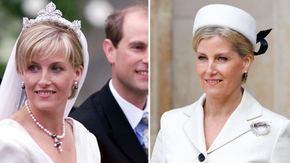 Composite of Duchess Sophie wearing black and white pearl drop earrings on her wedding day in 1999 and to the Commonwealth Day Service in 2023