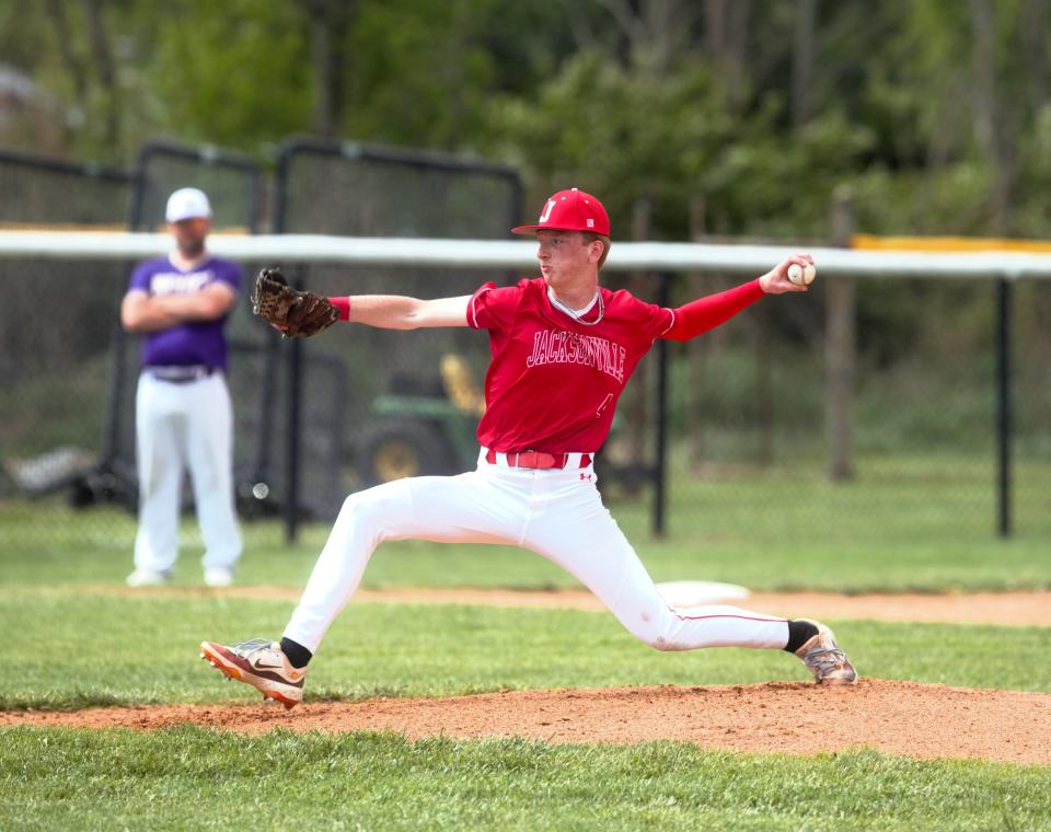 Jacksonville's Hayden Hicks pitches against Jacksonville Routt in a nonconference baseball game at Alumni Field on Saturday, April 27, 2024. Jacksonville won 13-8.
