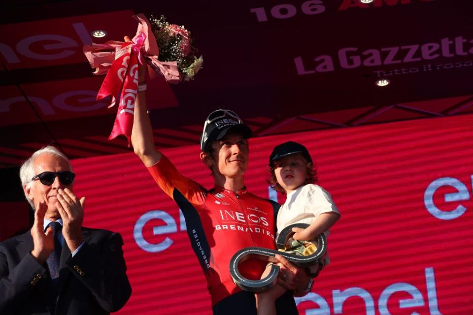 INEOS Grenadierss British rider Geraint Thomas celebrates his second general place on the podium after the last stage of the Giro dItalia 2023 cycling race 135 km in and around Rome on May 28 2023 Photo by Luca Bettini  AFP Photo by LUCA BETTINIAFP via Getty Images