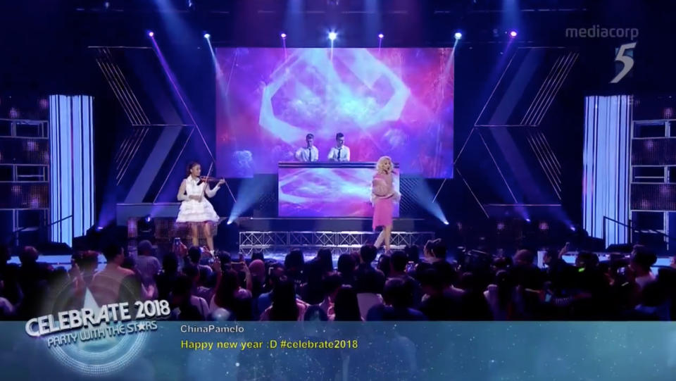 Singapore singer Aisyah Aziz (right), violinist Shalynn Tsai and electronic duo Rave Republic performing a rendition of “Symphony” by UK electronic group Clean Bandit and Swedish singer Zara Larsson. (Photo: Video screengrab/Mediacorp/Facebook)