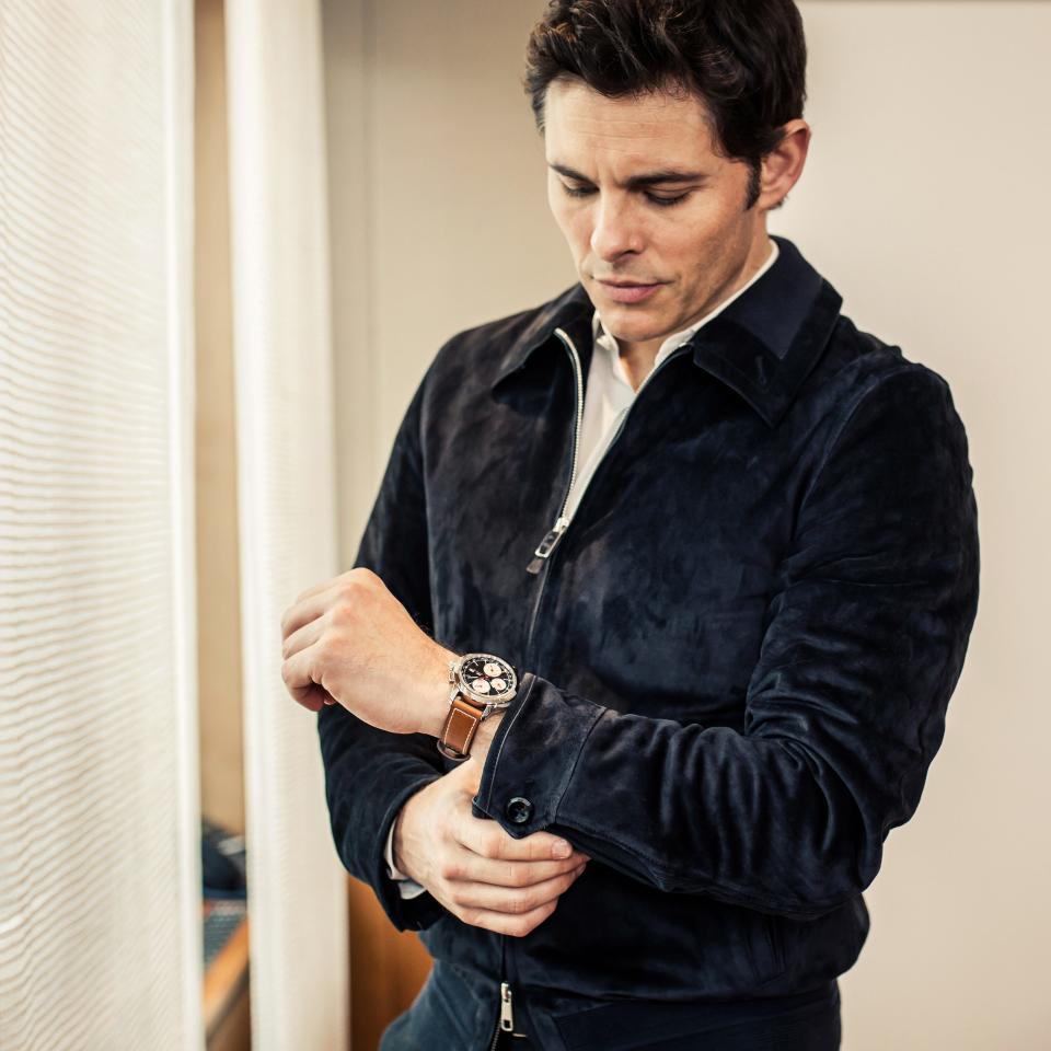 Marsden wearing the configurator-crafted Ingenieur Chronograph he designed for IWC.