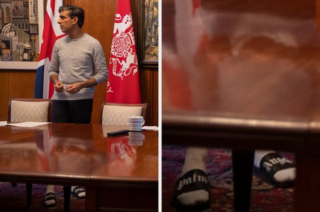 <strong>Rishi Sunak in his Palm Angels black sliders and socks.</strong> (Photo: HM Treasury)