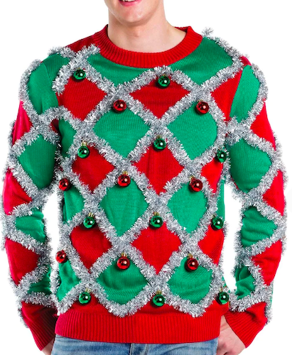 MEN'S TACKY TINSEL UGLY CHRISTMAS SWEATER, where to buy ugly christmas sweaters