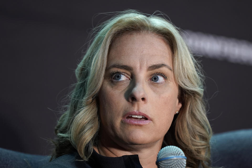 Baylor head coach Nicki Collen speaks to the media during Big 12 NCAA college basketball media day Tuesday, Oct. 18, 2022, in Kansas City, Mo. (AP Photo/Charlie Riedel)
