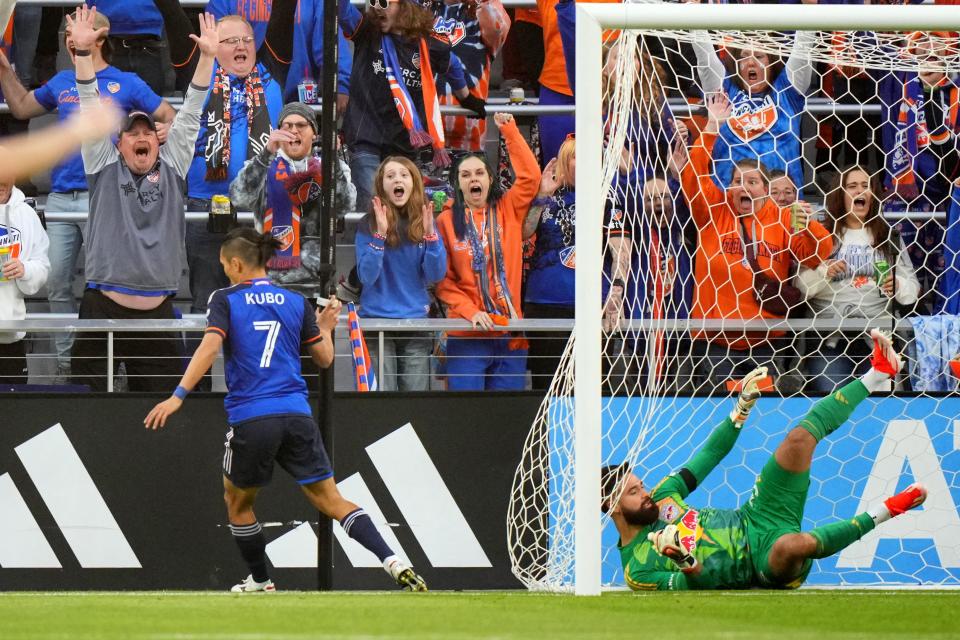 FC Cincinnati celebrate as FC Cincinnati forward Yuya Kubo (7) scores a goal in the first half of an MLS soccer game against the New York Red Bulls, Saturday, April 6, 2024, at TQL Stadium in Cincinnati.