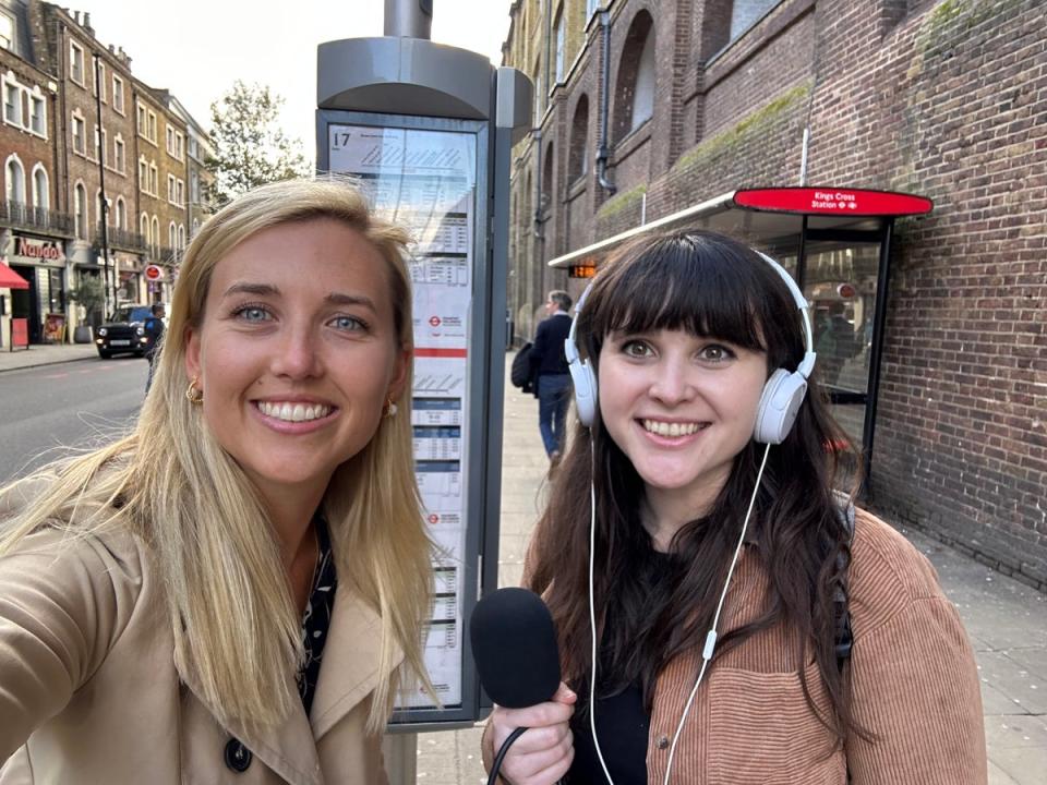 Host Katie Strick and producer Rochelle Travers recording this week's episode of London Love Stories live from a bus stop (Katie Strick)