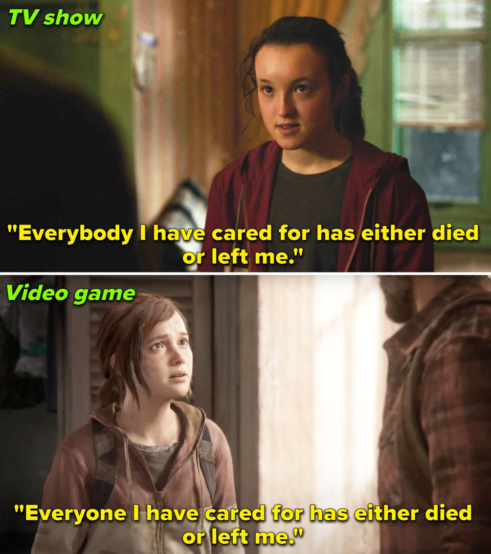 Comparison between TV show and video game with Ellie's line "Everyone I have cared for has either died or left me"