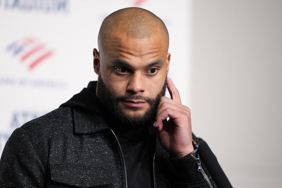 Dallas Cowboys quarterback Dak Prescott speaks to reporters following an NFL football game, Sunday, Jan. 14, 2024, in Arlington, Texas. The Packers won 48-32. (AP Photo/Sam Hodde)