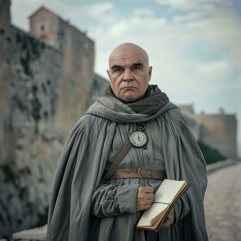 A bald, stern-looking man in medieval attire with a book