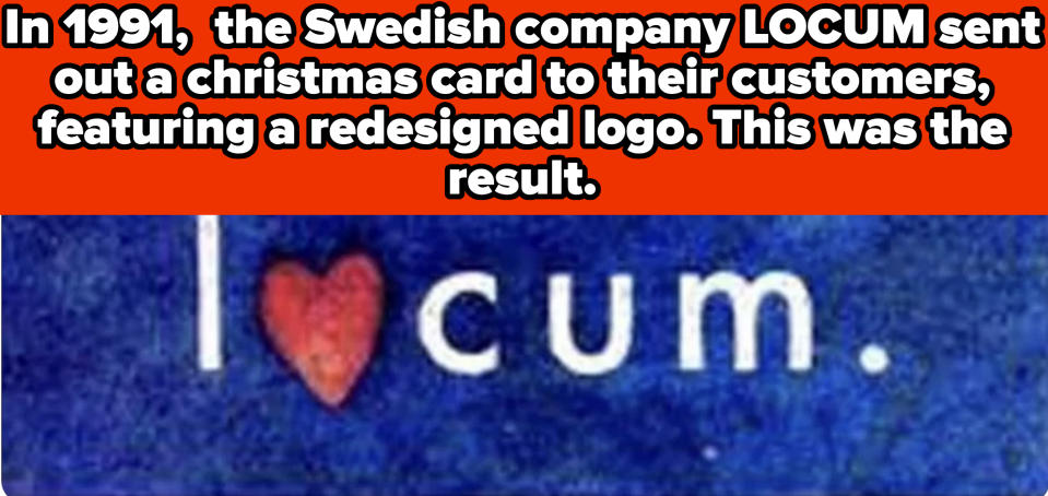 The image depicts a Christmas card sent by the Swedish company LOCUM in 1991 with a redesigned logo that, when read, controversially spells out "I❤️cum."