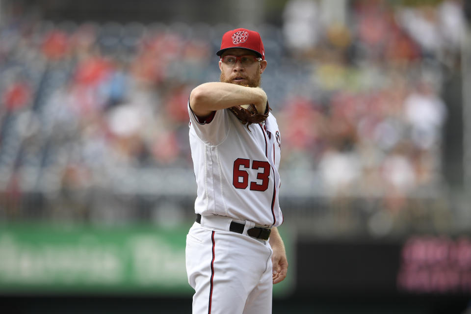 Washington Nationals relief pitcher Sean Doolittle (63) stands on the mound during a baseball game against the Miami Marlins, Sunday, Sept. 1, 2019, in Washington. The Nationals won 9-3. (AP Photo/Nick Wass)