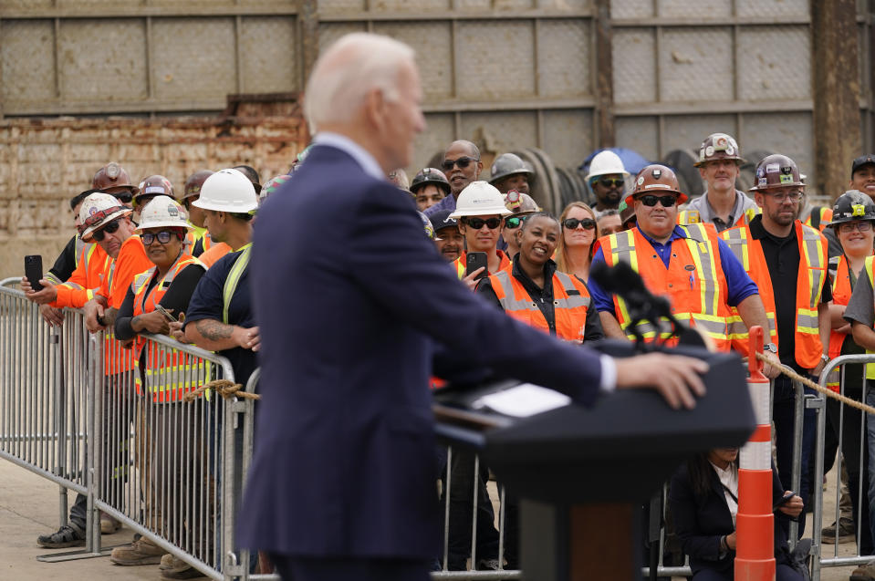 President Joe Biden speaks about infrastructure investments at the LA Metro, D Line (Purple) Extension Transit Project - Section 3, in Los Angeles, Thursday, Oct. 13, 2022. (AP Photo/Carolyn Kaster)