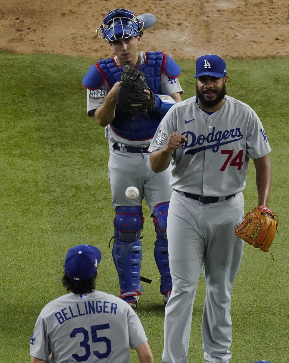 Los Angeles Dodgers relief pitcher Kenley Jansen celebrates their win against the Tampa Bay Rays in Game 3 of the baseball World Series Friday, Oct. 23, 2020, in Arlington, Texas. Dodgers beat the Rays 6-2 to lead the series 2-1 games. (AP Photo/Sue Ogrocki)